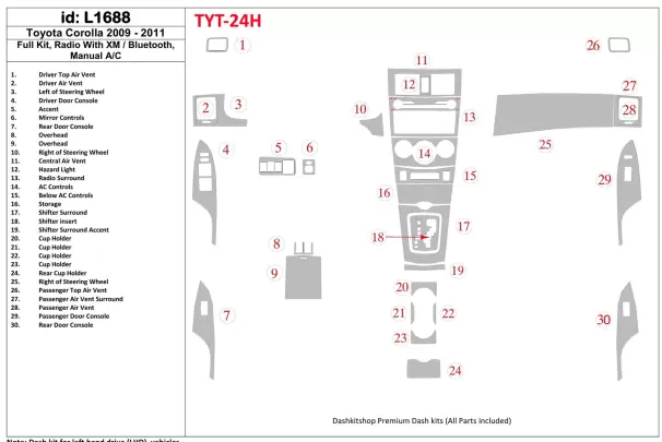 Ensemble complet Toyota Corolla 2009-UP, radio avec Bluetooth, boîte de vitesses manuelle AC Intérieur BD Dash Trim Kit - 1 Ensemble complet Toyota Corolla 2009-UP, radio avec Bluetooth, boîte de vitesses manuelle AC Intérieur BD Dash Trim Kit - 1