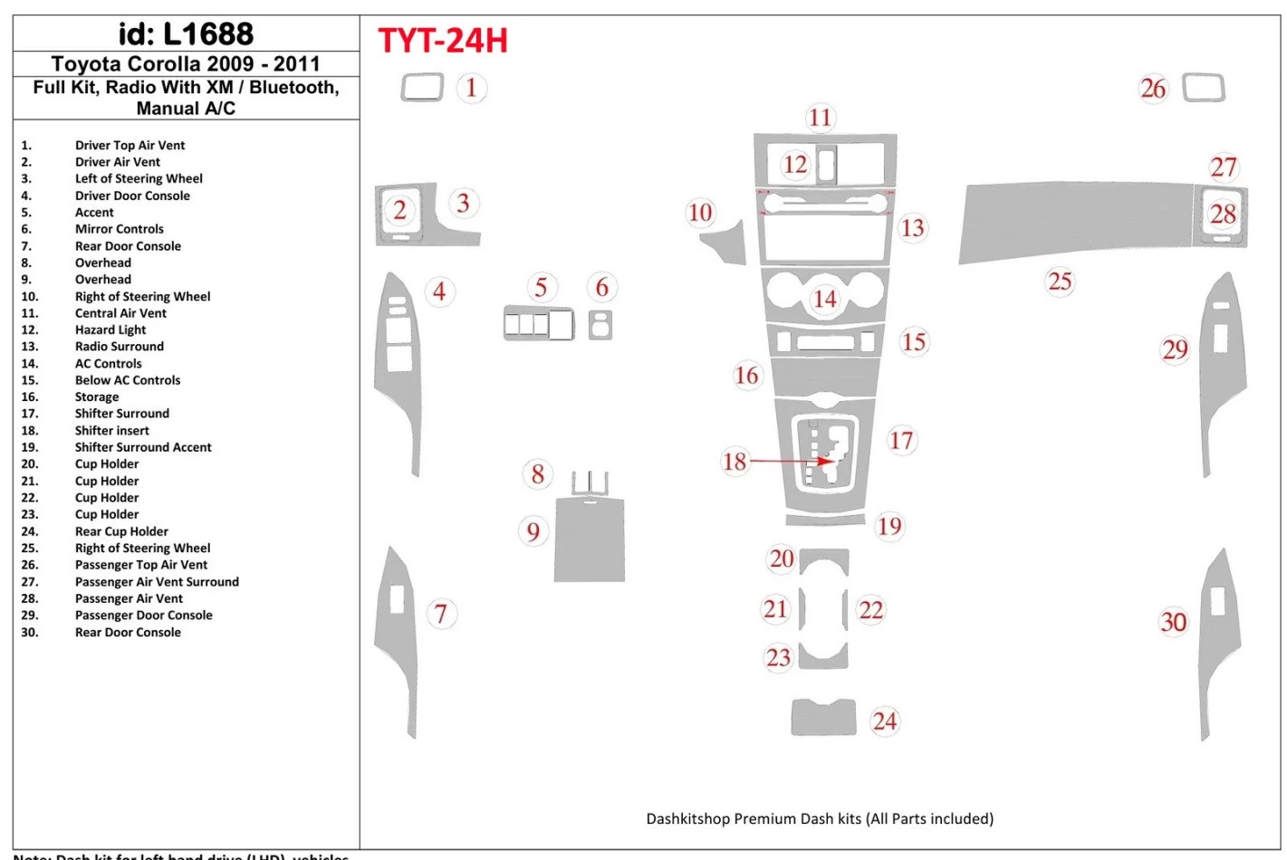 Toyota Corolla 2009-UP Volledige Set, Radio Met Bluetooth, Handgeschakelde Versnellingsbak AC Interieur BD Dash Trim Kit - 1