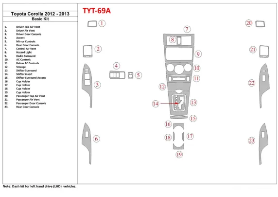 Toyota Corolla 2012-2013 Kit de garniture de tableau de bord intérieur BD de base - 1 Toyota Corolla 2012-2013 Kit de garniture de tableau de bord intérieur BD de base - 1
