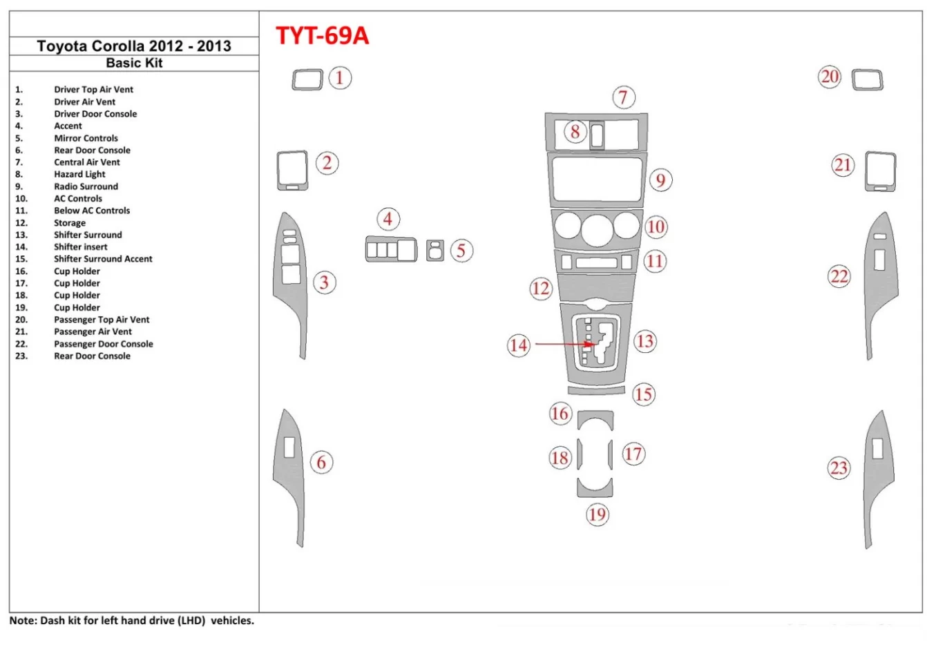 Toyota Corolla 2012-2013 Kit de garniture de tableau de bord intérieur BD de base - 1