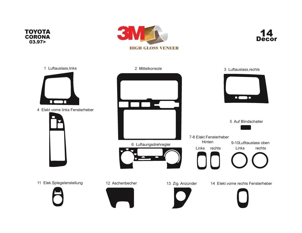 Toyota Corona 03.97-12.03 Kit de garniture de tableau de bord intérieur 3D Dash Trim Dekor 14-Parts - 1