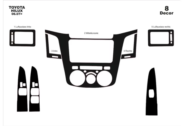 Toyota Hilux MK7 2004–2015 Kit de garniture de tableau de bord intérieur 3D Dash Trim Dekor 8 pièces - 1 Toyota Hilux MK7 2004–2015 Kit de garniture de tableau de bord intérieur 3D Dash Trim Dekor 8 pièces - 1