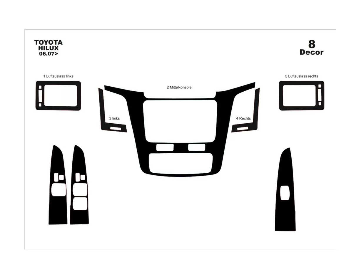 Toyota Hilux MK7 2004–2015 DIGI Kit de garniture de tableau de bord intérieur 3D Dash Trim Dekor 8 pièces - 1