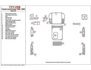 Toyota Land Cruiser 1998-2002 Ensemble de base, ensemble de 20 pièces Kit de garniture de tableau de bord intérieur BD - 1