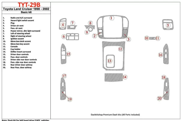 Toyota Land Cruiser 1998-2002 Basic Set, 20 Parts set Interior BD Dash Trim Kit - 1 Toyota Land Cruiser 1998-2002 Basic Set, 20 Parts set Interior BD Dash Trim Kit - 1