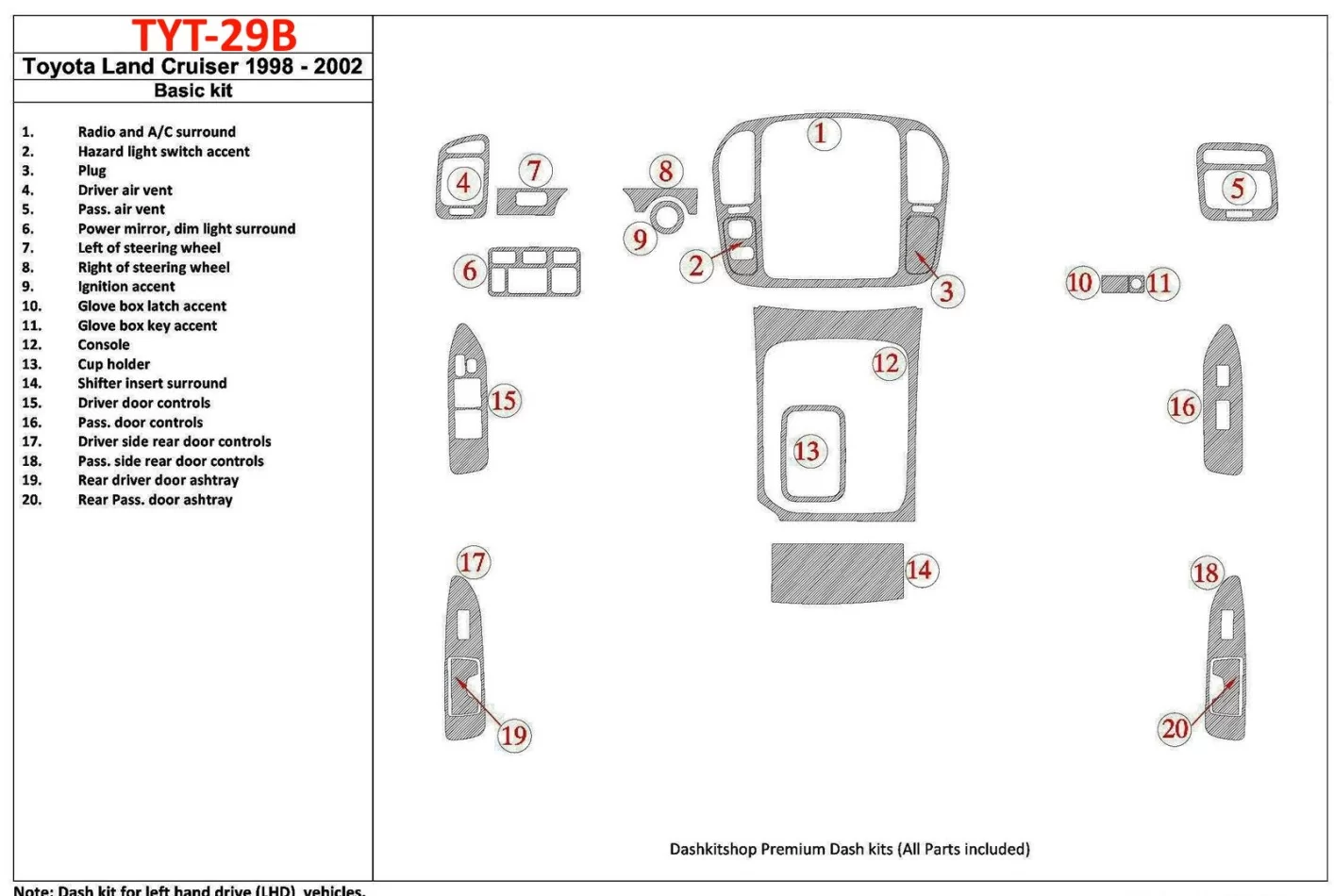 Toyota Land Cruiser 1998-2002 Basic Set, 20 Parts set Interior BD Dash Trim Kit - 1