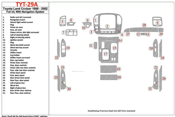 Toyota Land Cruiser 1998-2002 avec NAVI, kit de garniture de tableau de bord intérieur BD de 31 pièces - 1 Toyota Land Cruiser 1998-2002 avec NAVI, kit de garniture de tableau de bord intérieur BD de 31 pièces - 1