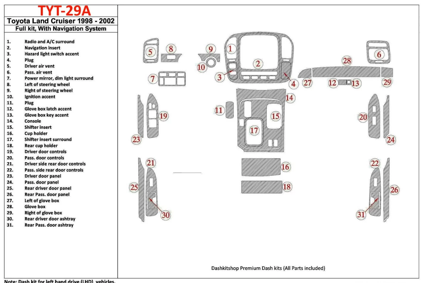 Toyota Land Cruiser 1998-2002 avec NAVI, kit de garniture de tableau de bord intérieur BD de 31 pièces - 1