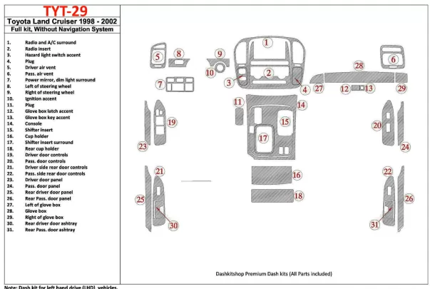Toyota Land Cruiser 1998-2002 sans système NAVI, kit de 31 pièces intérieures BD Dash Trim Kit - 1 Toyota Land Cruiser 1998-2002 sans système NAVI, kit de 31 pièces intérieures BD Dash Trim Kit - 1