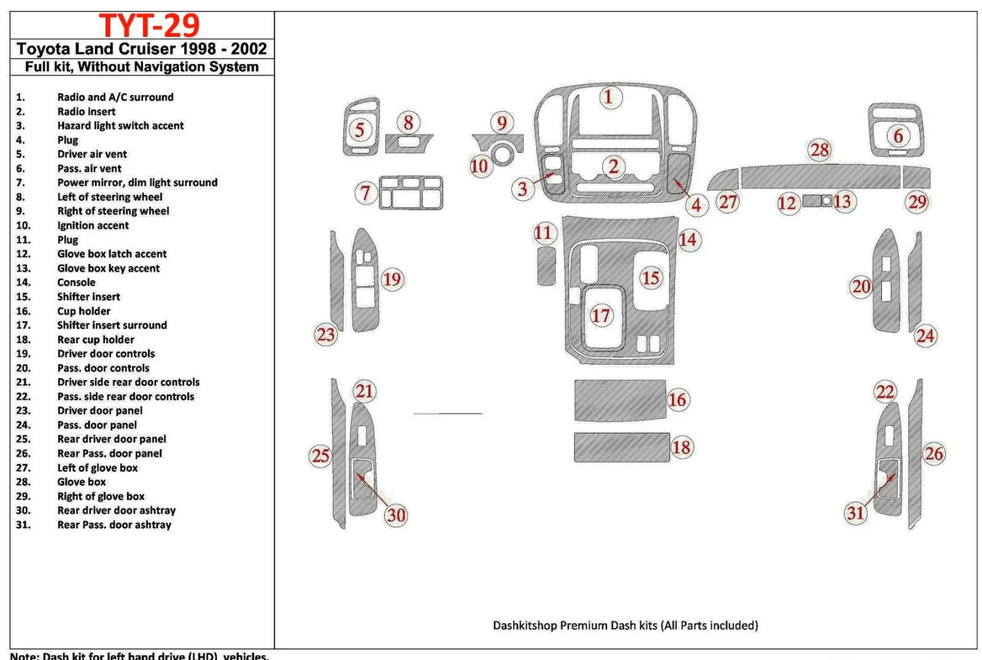 Toyota Land Cruiser 1998-2002 sans système NAVI, kit de 31 pièces intérieures BD Dash Trim Kit - 1
