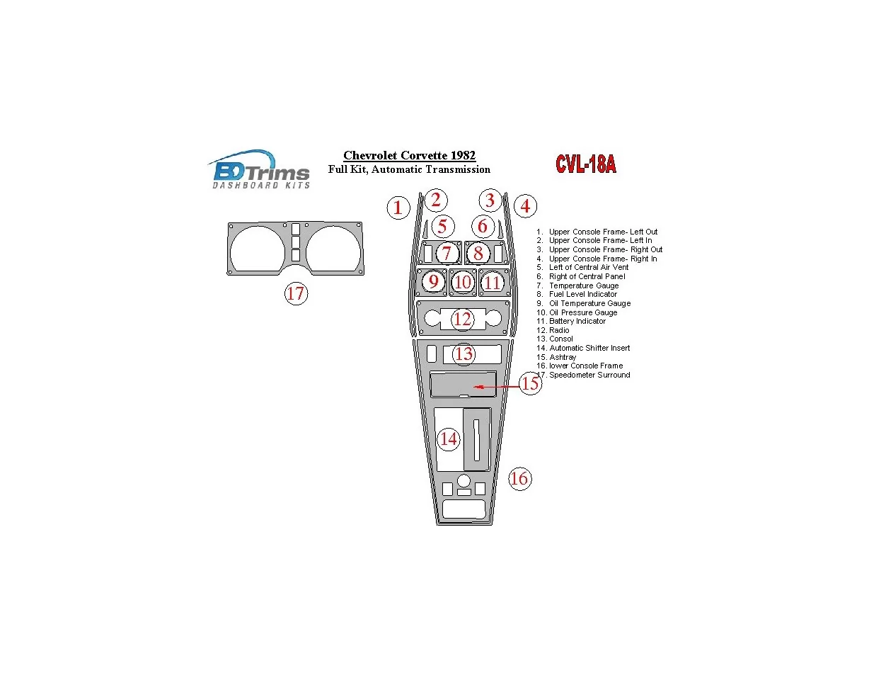 Chevrolet Corvette 1982-1982 volledige set, automatische versnellingsbak interieur BD dashboard trimkit - 1