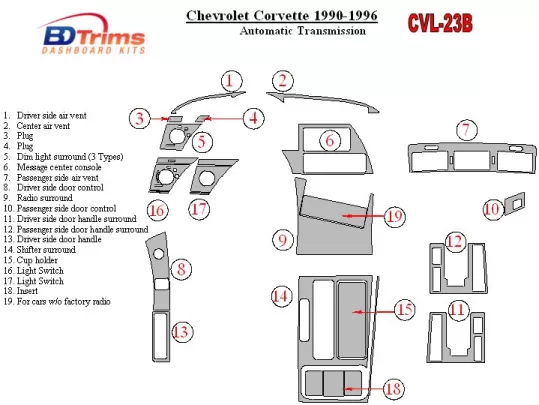 Chevrolet Corvette 1990-1996 Automatic Gear Interior BD Dash Trim Kit - 1 Chevrolet Corvette 1990-1996 Automatic Gear Interior BD Dash Trim Kit - 1
