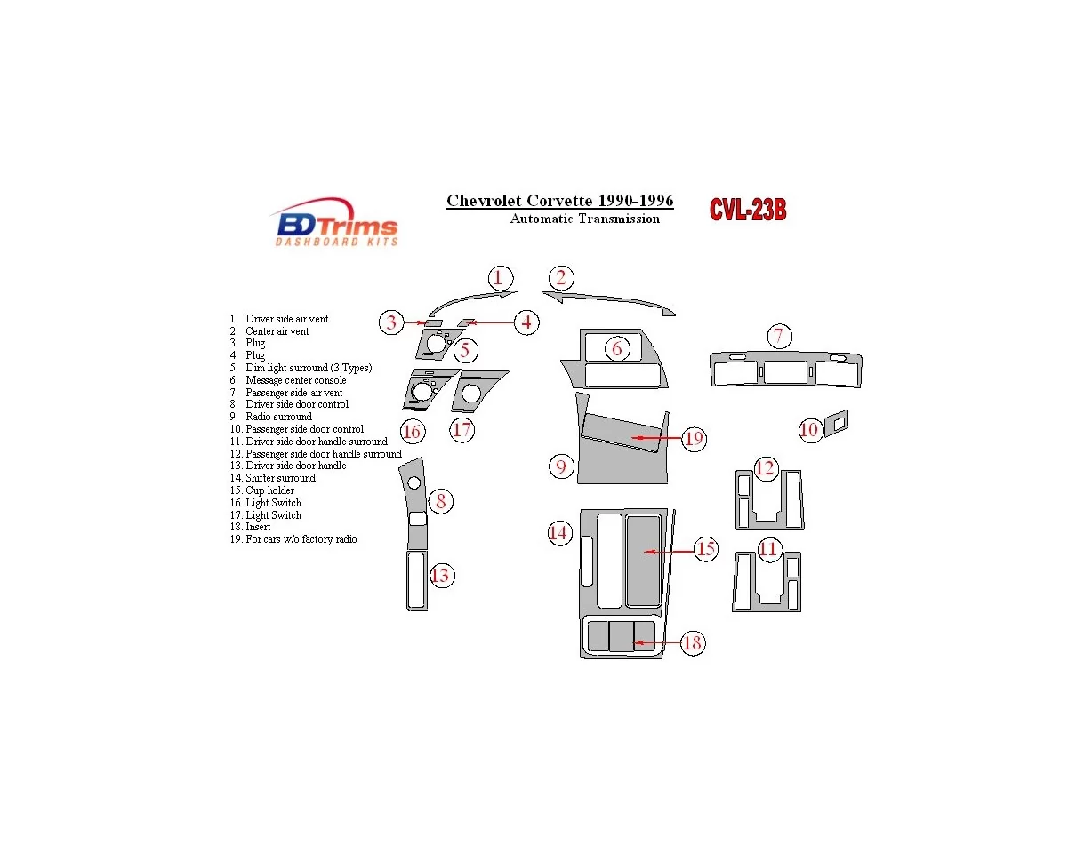 Chevrolet Corvette 1990-1996 Automatic Gear Interior BD Dash Trim Kit - 1