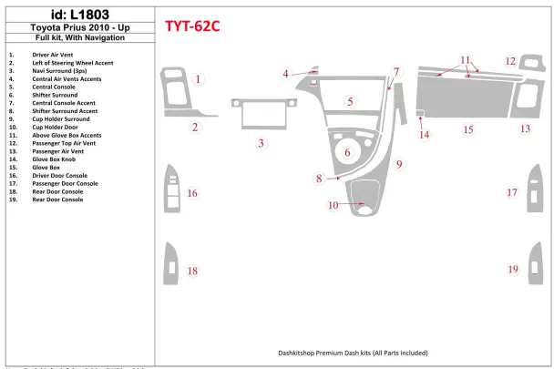 Toyota Prius 2010-UP Full Set, With NAVI system Interior BD Dash Trim Kit - 1 - Interior Dash Trim Kit