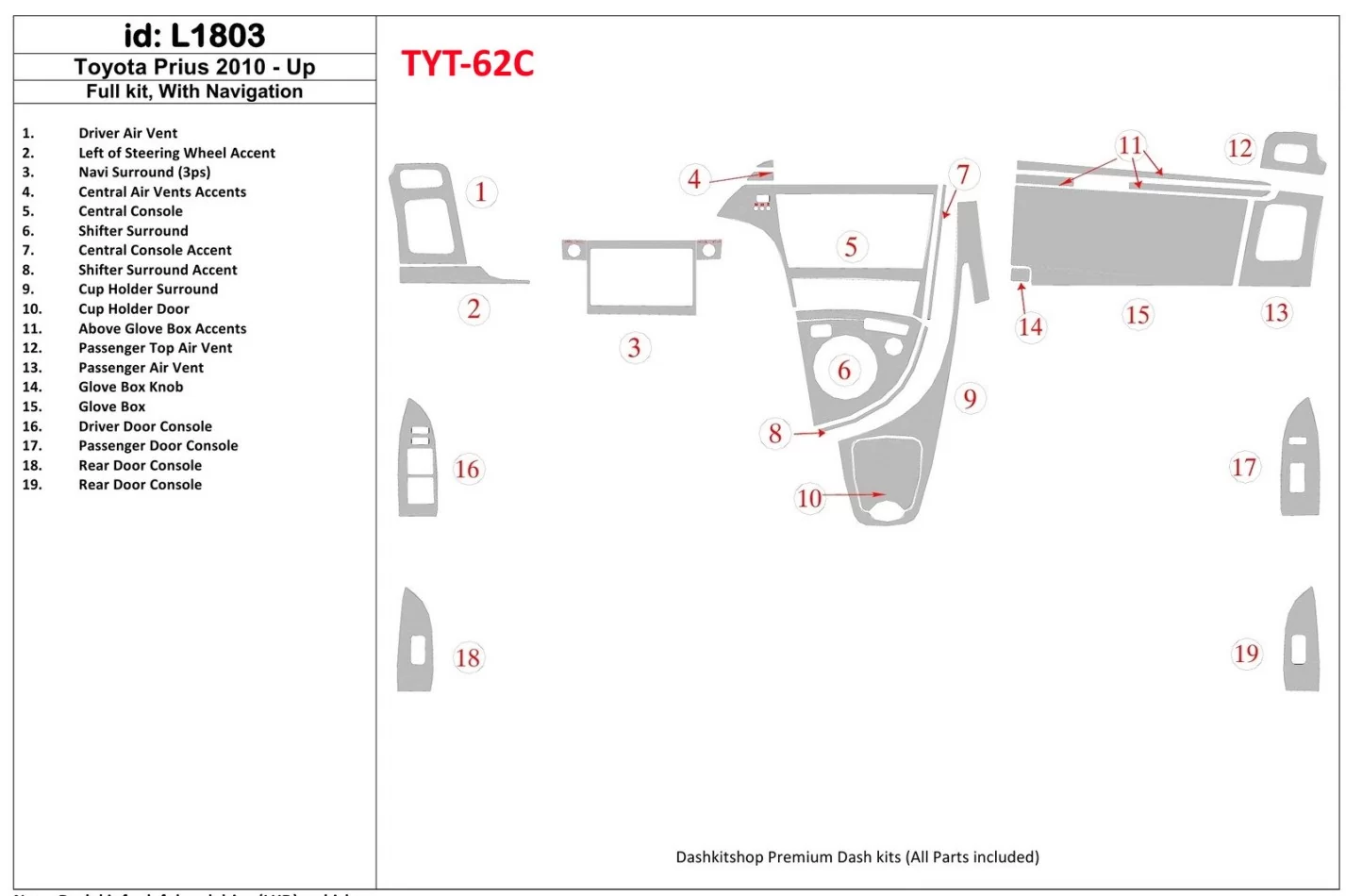 Toyota Prius 2010-UP Volledige set, met NAVI-systeem Interieur BD Dash Trim Kit - 1