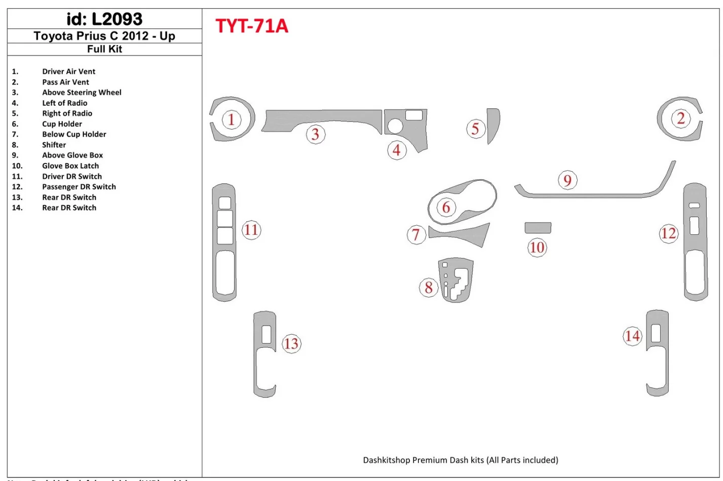 Toyota Prius C 2012-UP Volledige set interieur BD dashboardafwerkingsset - 1