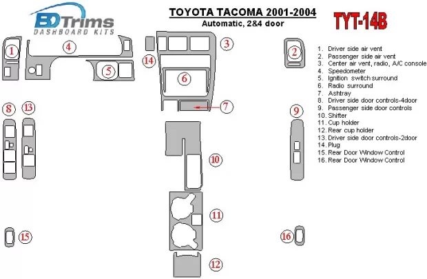 Toyota Tacoma 2000-2004 Automatic Gear, 2&4 Doors Interior BD Dash Trim Kit - 1
