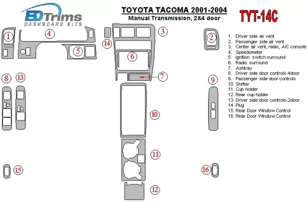 Toyota Tacoma 2000-2004 Boîte de vitesses manuelle, 2 et 4 portes Intérieur BD Dash Trim Kit - 1