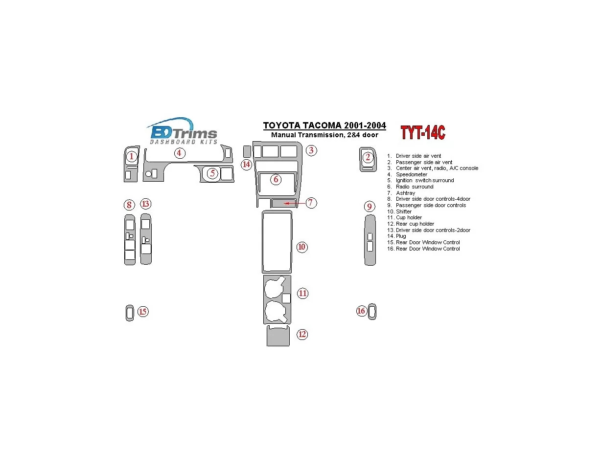 Toyota Tacoma 2000-2004 Handgeschakelde Versnellingsbak, 2&4 Deurs Interieur BD Dash Trim Kit - 1