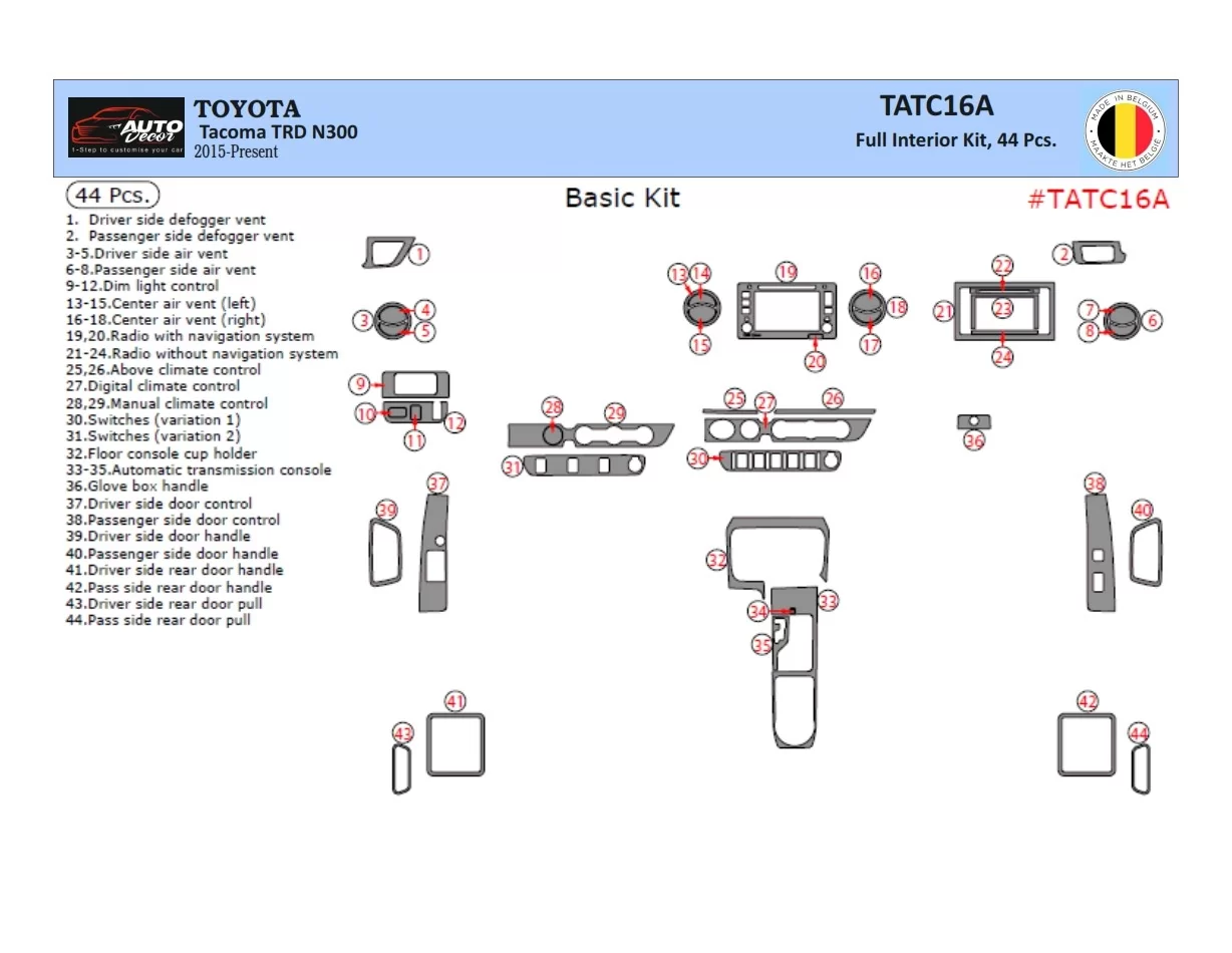 Toyota Tacoma 2016-2020 Kit de garniture de tableau de bord intérieur 3D Dash Trim Dekor 44-Parts - 1