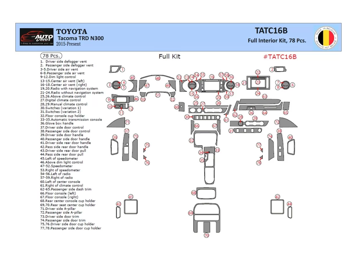 Toyota Tacoma 2016-2020 Kit de garniture de tableau de bord intérieur 3D Dash Trim Dekor 78-Parts - 1
