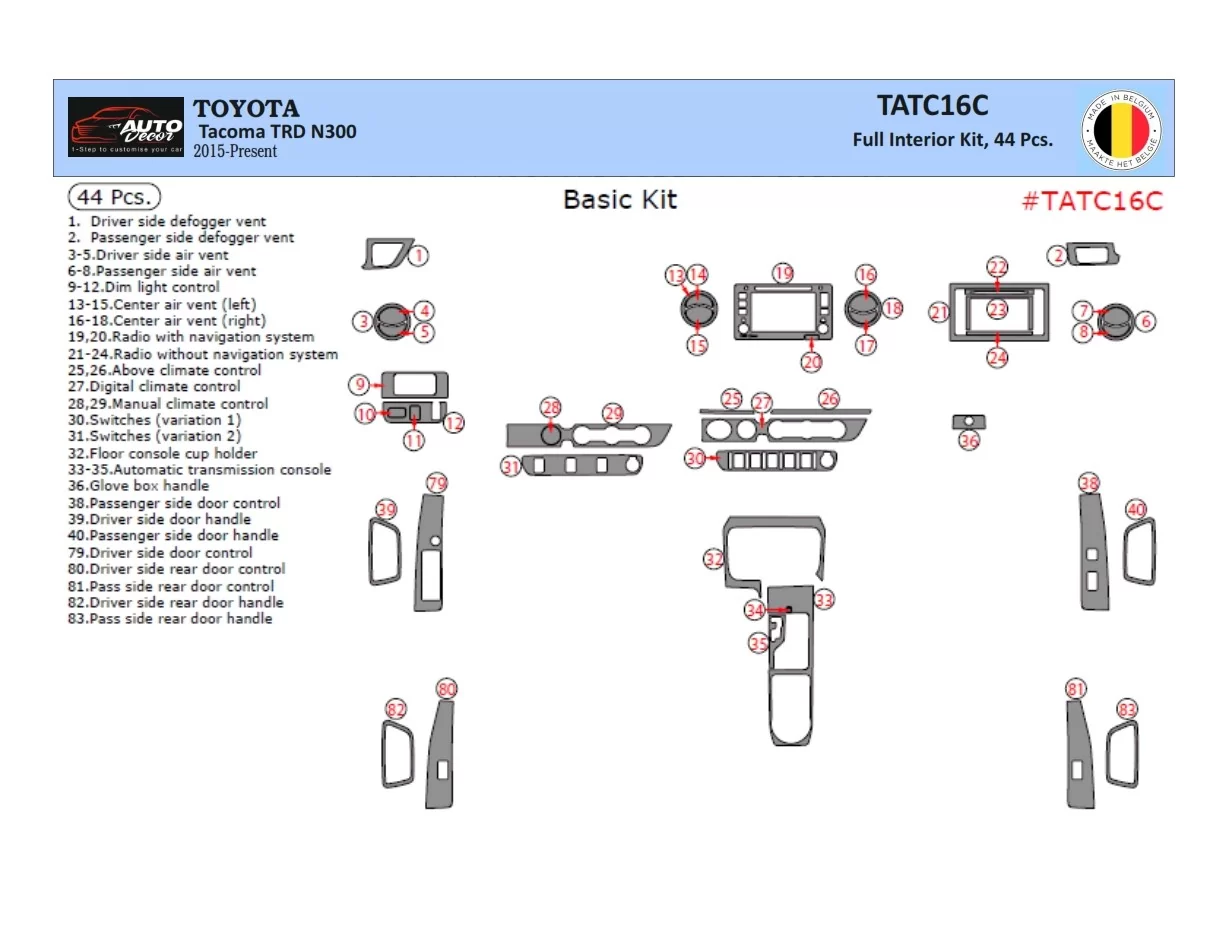 Toyota Tacoma DoubleCab 2016-2020 Kit de garniture de tableau de bord intérieur 3D Dash Trim Dekor 44-Parts - 1