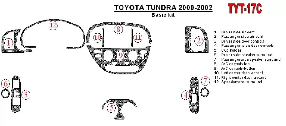 Toyota Tundra 2000-2002 2 et 4 portes, ensemble de base, ensemble de 12 pièces Kit de garniture de tableau de bord intérieur BD Toyota Tundra 2000-2002 2 et 4 portes, ensemble de base, ensemble de 12 pièces Kit de garniture de tableau de bord intérieur BD