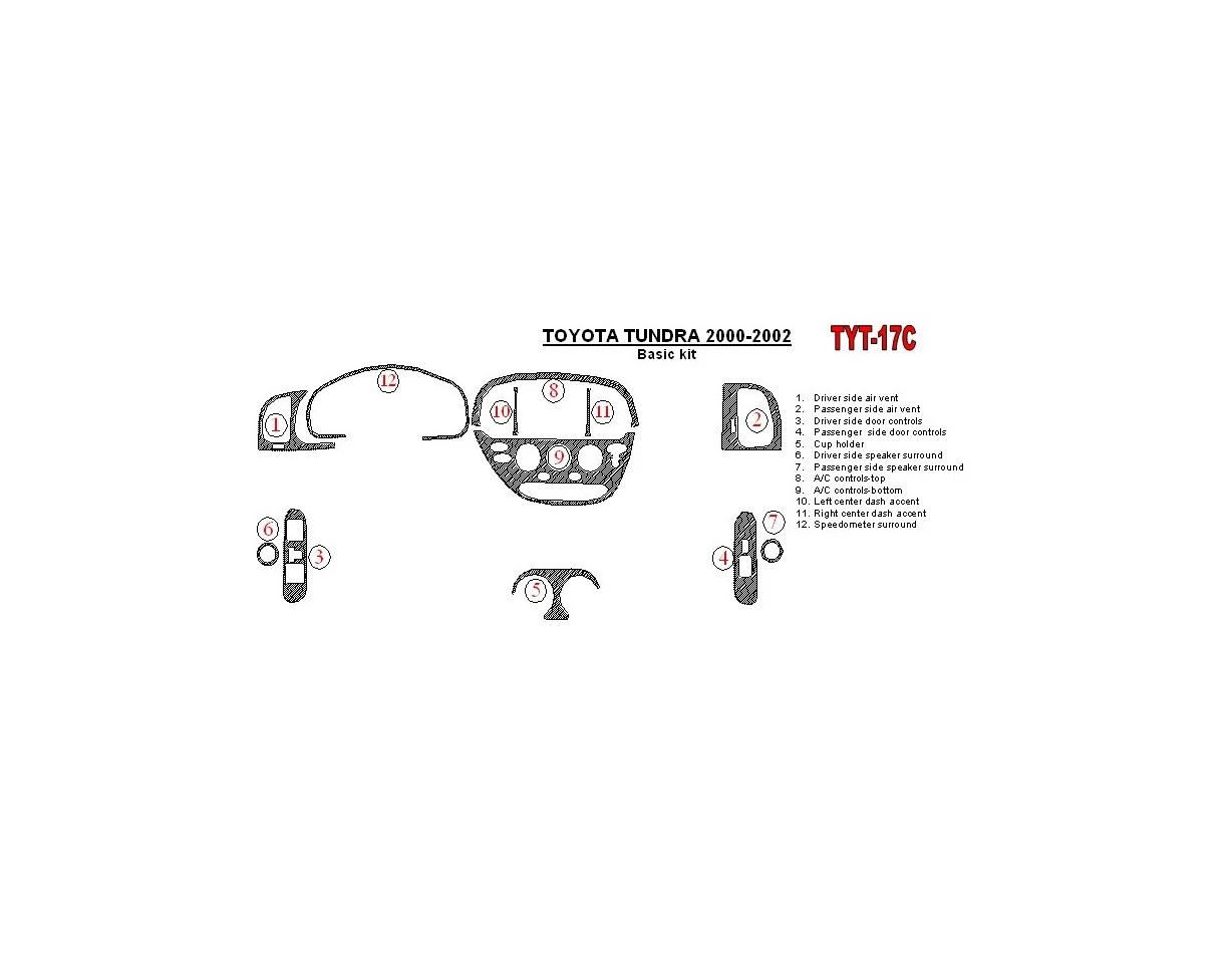 Toyota Tundra 2000-2002 2 et 4 portes, ensemble de base, ensemble de 12 pièces Kit de garniture de tableau de bord intérieur BD 