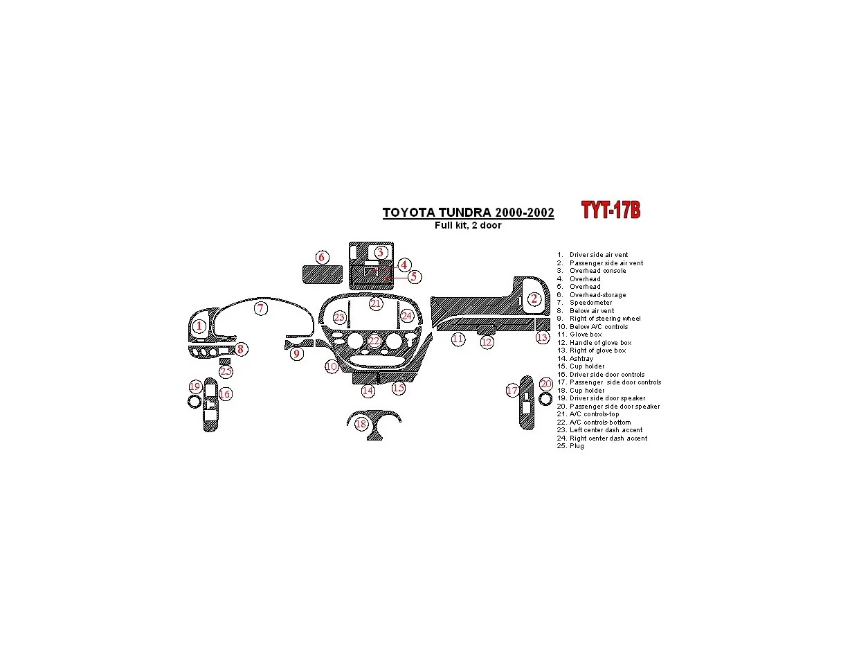 Toyota Tundra 2000-2002 2 portes, ensemble complet, ensemble de 25 pièces Kit de garniture de tableau de bord intérieur BD - 1