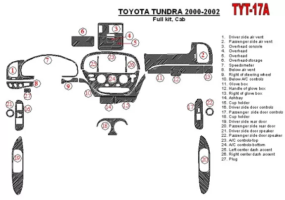 Toyota Tundra 2000-2002 4 deuren, volledige set, 27 delen set BD interieur dashboard trim kit - 1 Toyota Tundra 2000-2002 4 deuren, volledige set, 27 delen set BD interieur dashboard trim kit - 1