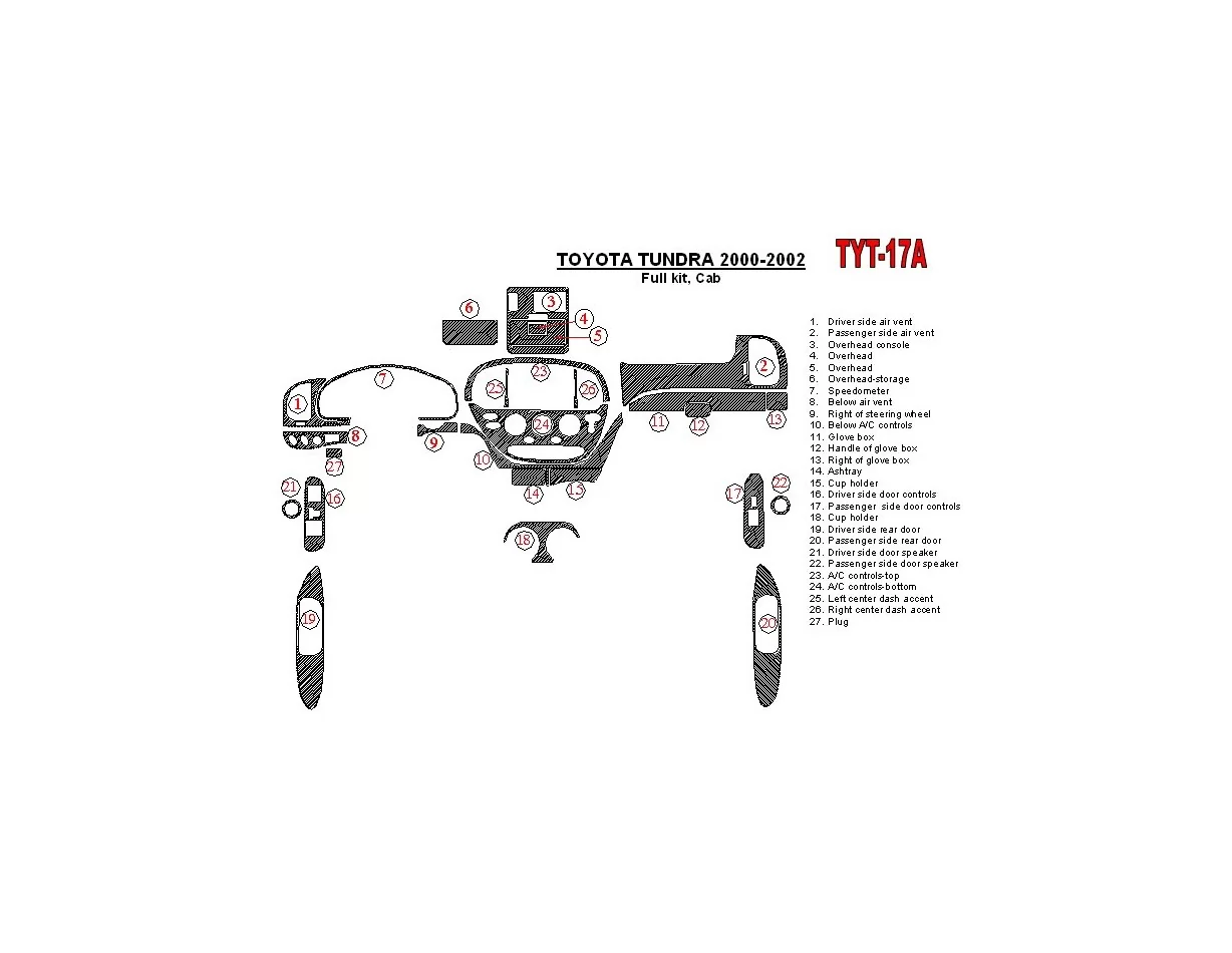 Toyota Tundra 2000-2002 4 portes, ensemble complet, ensemble de 27 pièces Kit de garniture de tableau de bord intérieur BD - 1