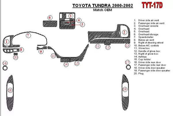 Toyota Tundra 2000-2002 4 Doors, OEM Compliance, 20 Parts set Interior BD Dash Trim Kit - 1 Toyota Tundra 2000-2002 4 Doors, OEM Compliance, 20 Parts set Interior BD Dash Trim Kit - 1