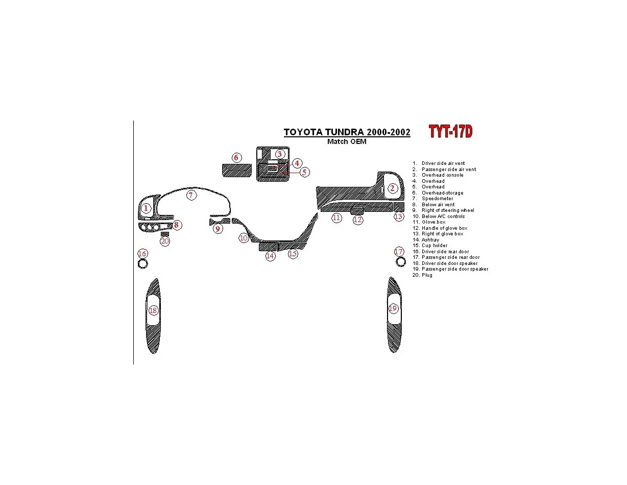 Toyota Tundra 2000-2002 4 Doors, OEM Compliance, 20 Parts set Interior BD Dash Trim Kit - 1