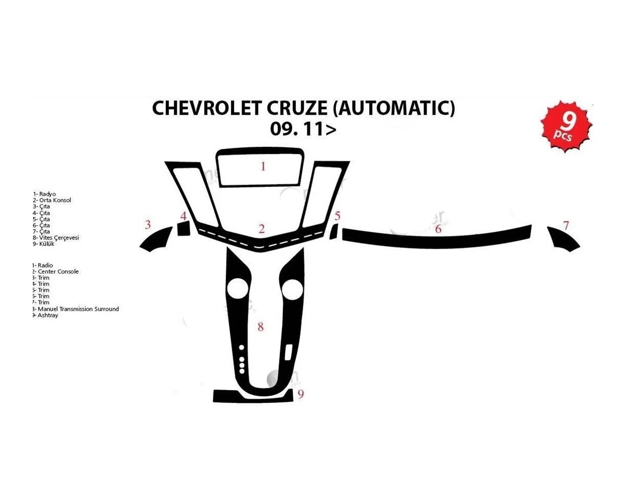 Chevrolet Cruse Automatic 01.2009 Inleg dashboard Interieurset aansluitend en pasgemaakt op he 9-Teile - 1