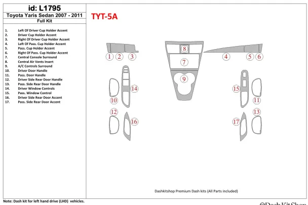 Toyota Yaris 2007-UP Kit de garniture de tableau de bord intérieur BD complet - 1 Toyota Yaris 2007-UP Kit de garniture de tableau de bord intérieur BD complet - 1
