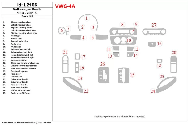 Volkswagen Beetle 1998-2001 Kit de garniture de tableau de bord intérieur BD - 1