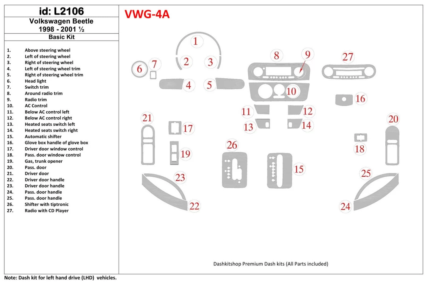 Volkswagen Beetle 1998-2001 Kit de garniture de tableau de bord intérieur BD - 1