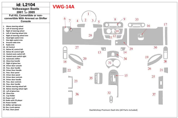 Volkswagen Beetle 2001-2005 Ensemble complet de garnitures de tableau de bord intérieur BD - 1