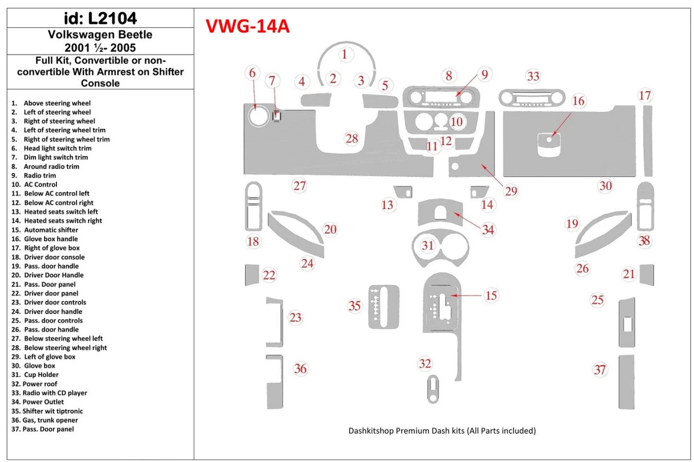 Volkswagen Beetle 2001-2005 Ensemble complet de garnitures de tableau de bord intérieur BD - 1