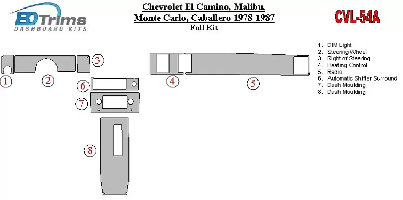 Chevrolet El Camino, Malibu, Monte Carlo, Caballero 1978-1987 Volledige set interieur BD dashboardbekledingsset - 1 Chevrolet El Camino, Malibu, Monte Carlo, Caballero 1978-1987 Volledige set interieur BD dashboardbekledingsset - 1