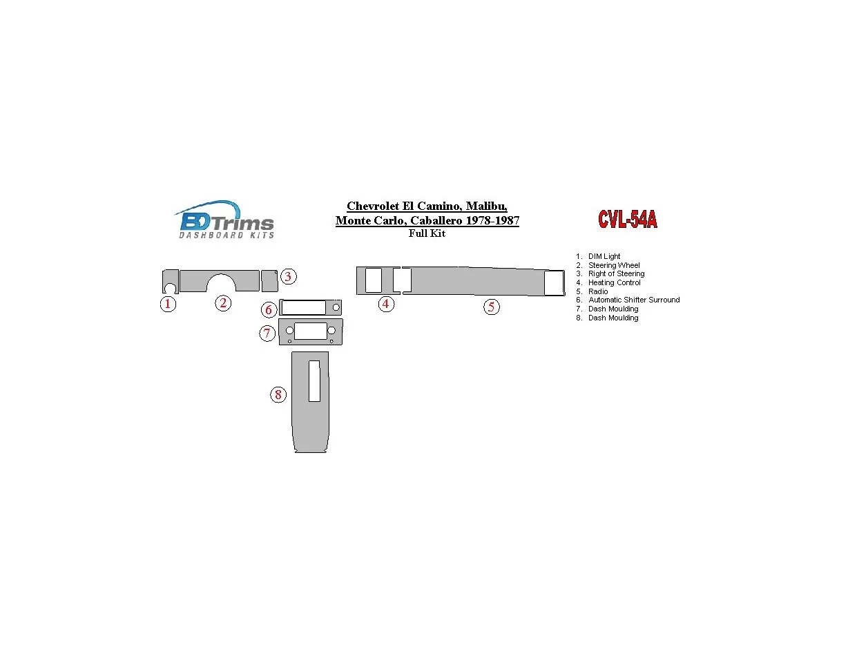 Chevrolet El Camino, Malibu, Monte Carlo, Caballero 1978-1987 Ensemble complet Intérieur BD Dash Trim Kit - 1
