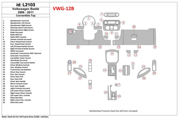 Volkswagen Beetle 2006-2011 Ensemble complet, pour (Cabrio) Intérieur BD Dash Trim Kit - 1 Volkswagen Beetle 2006-2011 Ensemble complet, pour (Cabrio) Intérieur BD Dash Trim Kit - 1