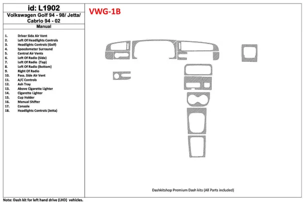 Volkswagen Cabrio 1994-2002 Handgeschakelde Versnellingsbak, 18-delige set Interieur BD Dash Trim Kit - 1 Volkswagen Cabrio 1994-2002 Handgeschakelde Versnellingsbak, 18-delige set Interieur BD Dash Trim Kit - 1