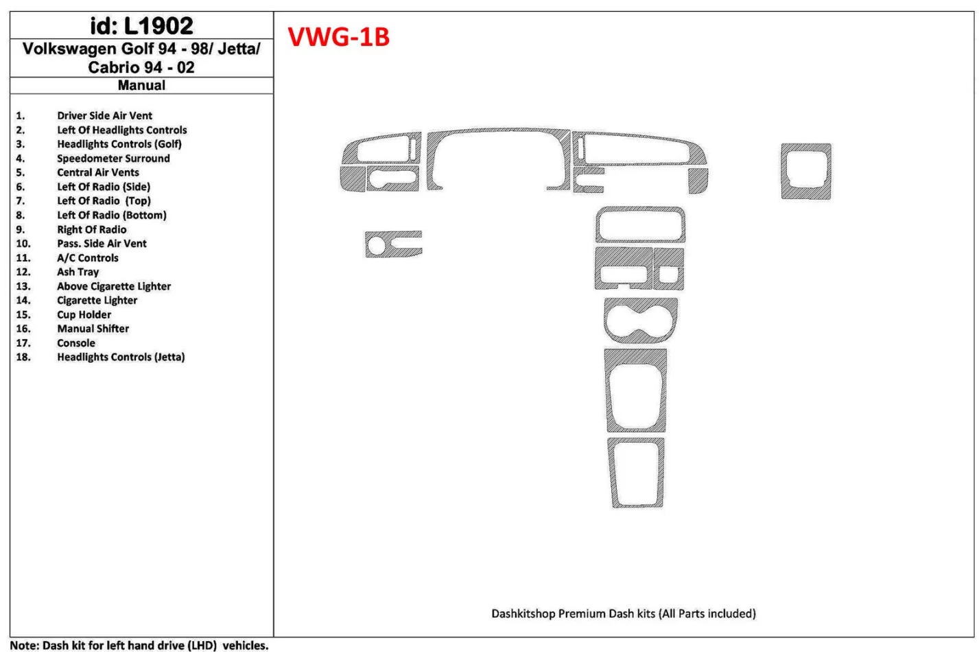 Volkswagen Cabrio 1994-2002 Handgeschakelde Versnellingsbak, 18-delige set Interieur BD Dash Trim Kit - 1