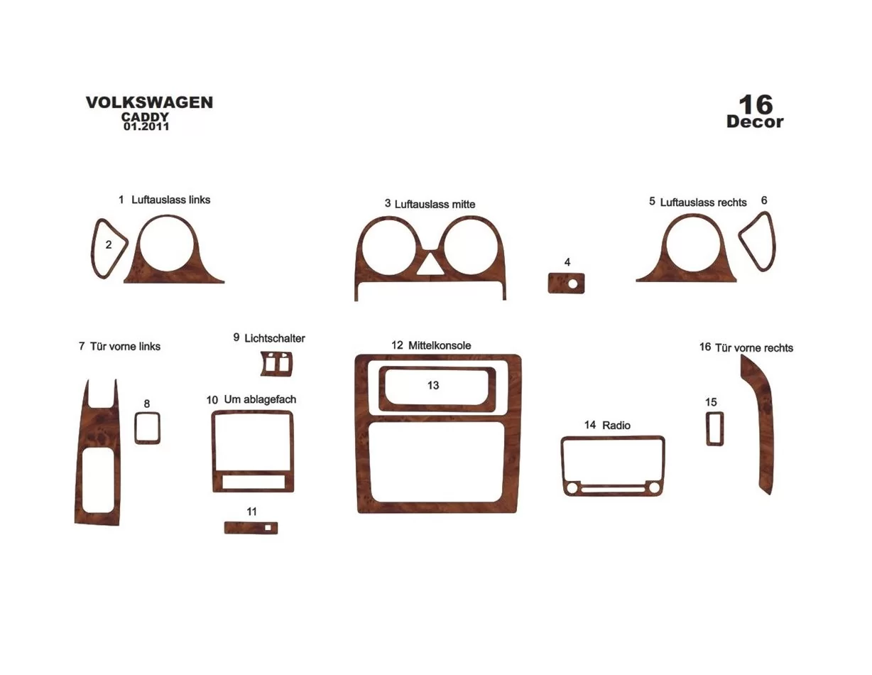 Volkswagen Caddy 09.2010 Kit de garniture de tableau de bord intérieur 3D Dash Trim Dekor 16-Parts - 1