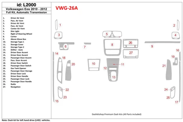 Volkswagen EOS 2013-UP Full Set, Automatic Gearbox Interior BD Dash Trim Kit - 1 - Interior Dash Trim Kit