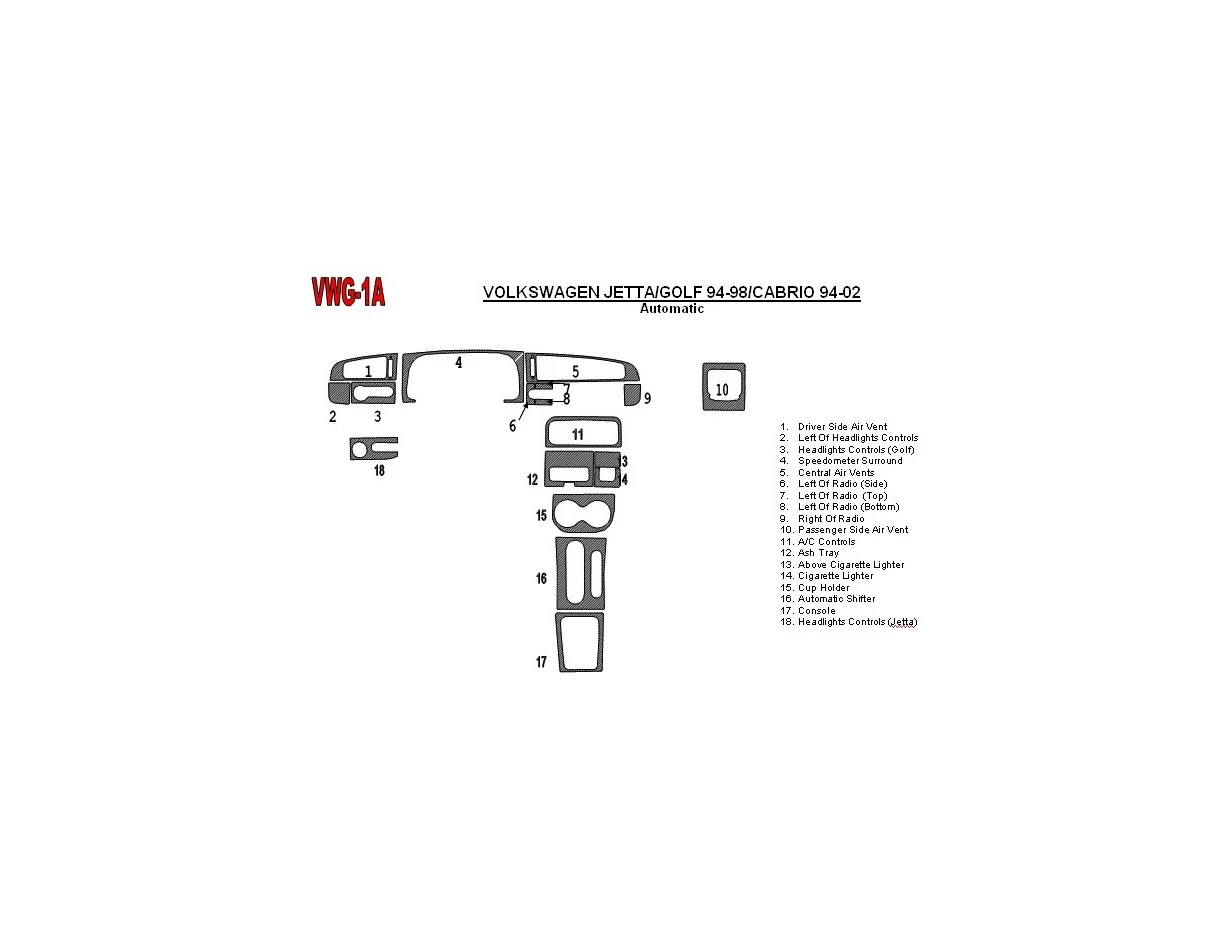 Volkswagen Golf 1994-1998 Automatische Versnellingsbak, 18 Onderdelen set Interieur BD Dash Trim Kit - 1