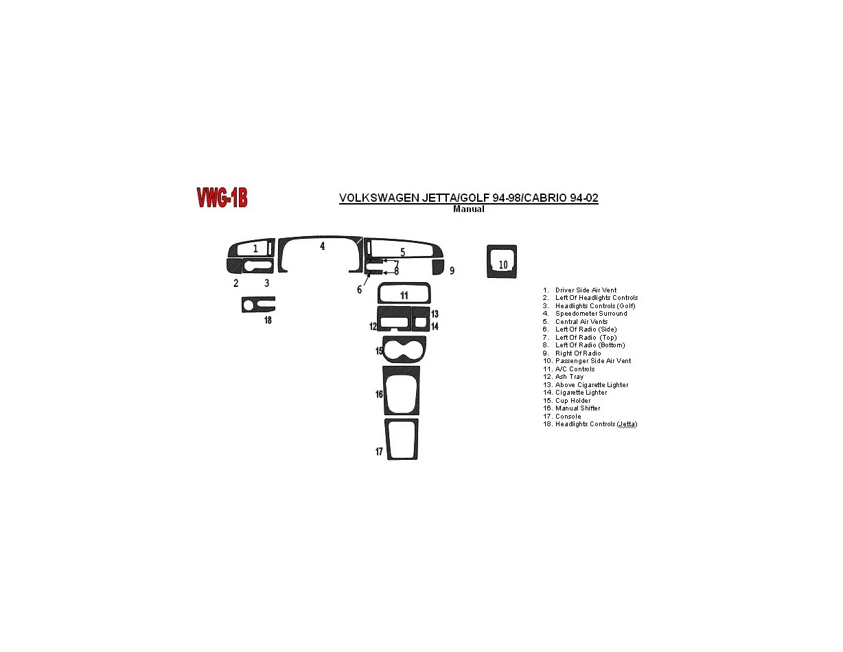 Volkswagen Golf 1994-1998 Boîte de vitesses manuelle, kit de garniture de tableau de bord intérieur BD 18 pièces - 1