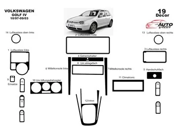Volkswagen Golf IV 10.97-09.03 Kit de garniture de tableau de bord intérieur 3D Dash Trim Dekor 19-Parts