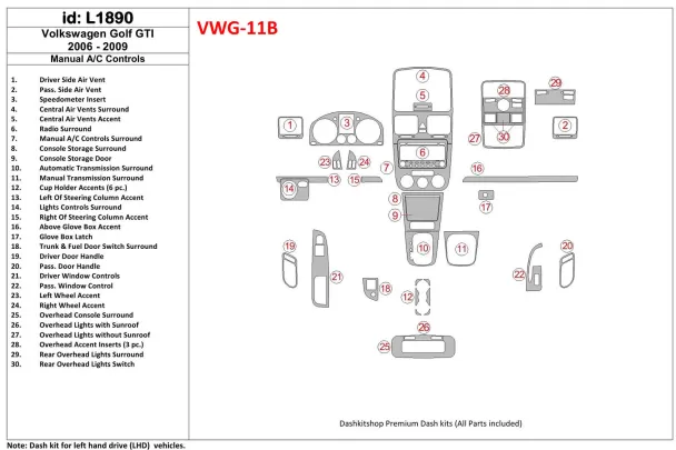 Volkswagen Golf V GTI 2006-UP Manual Gearbox A/C Control Interior BD Dash Trim Kit - 1 - Interior Dash Trim Kit